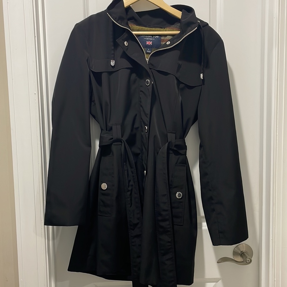 Women's London Fog Hooded Water-Resistant Rain Coat Black